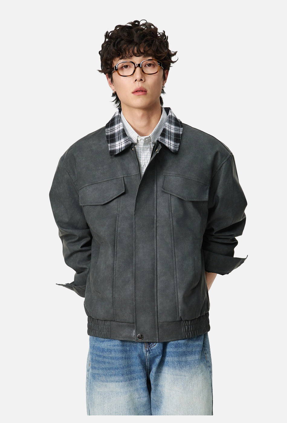 Plaid-Collared Bomber Jacket