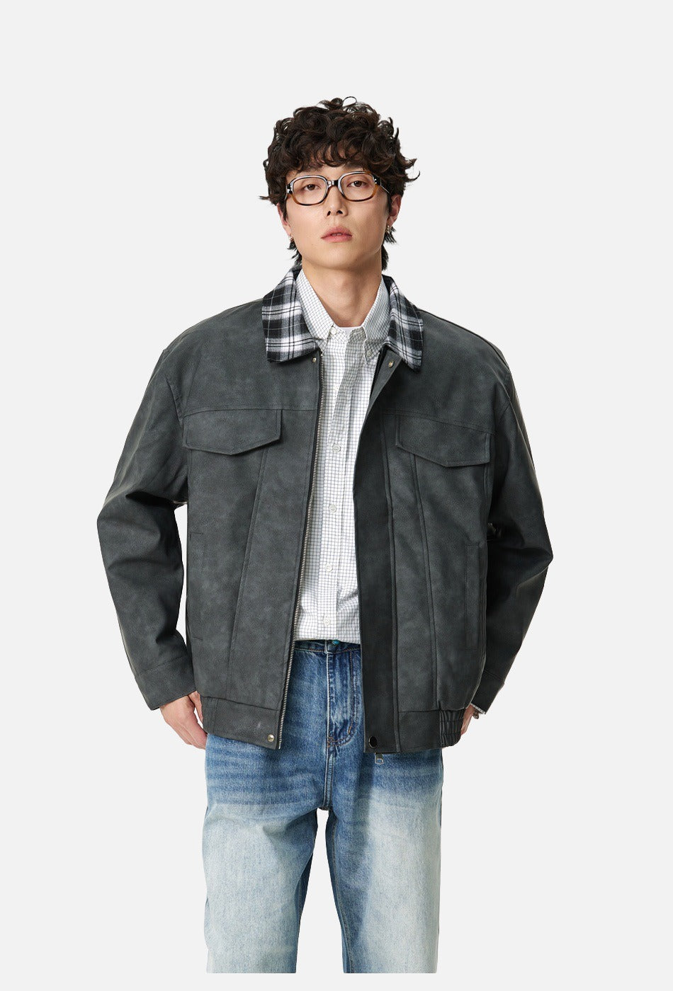 Plaid-Collared Bomber Jacket