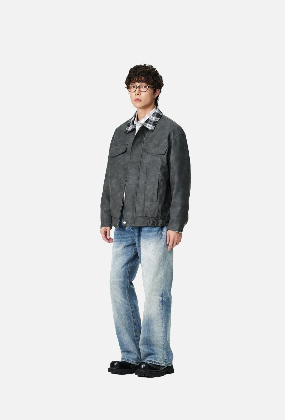 Plaid-Collared Bomber Jacket
