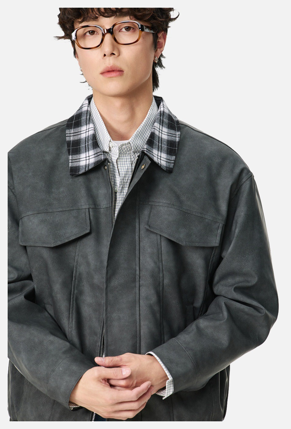 Plaid-Collared Bomber Jacket