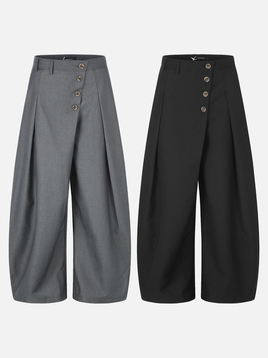 Asymmetrical Button-Detail Wide-Leg Trousers