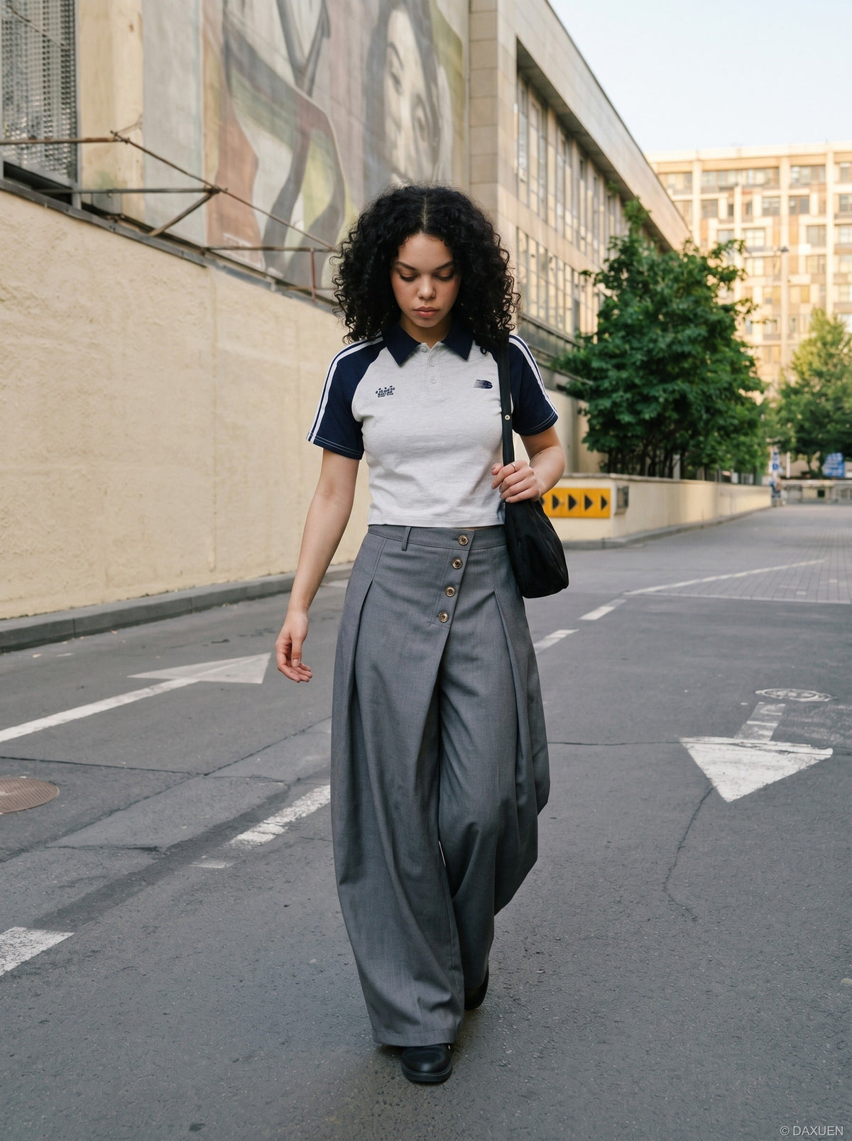 Asymmetrical Button-Detail Wide-Leg Trousers