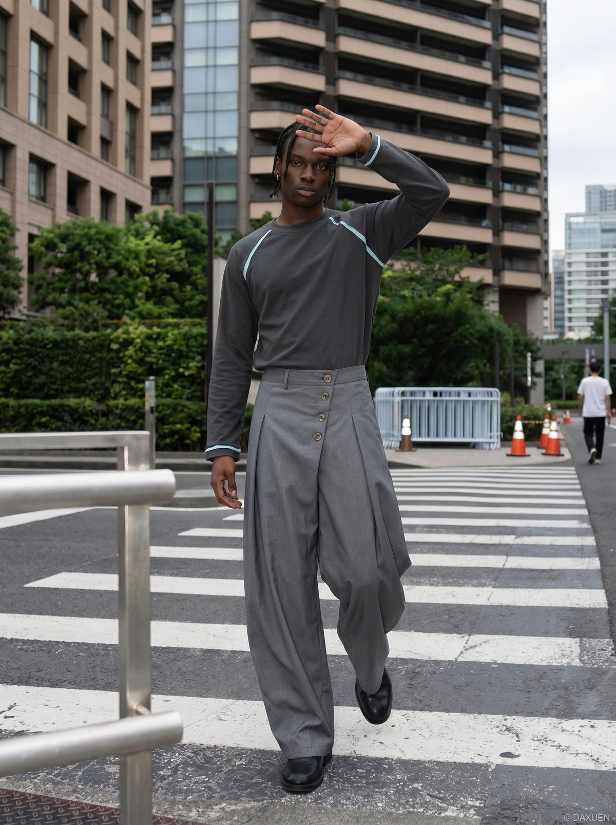 Asymmetrical Button-Detail Wide-Leg Trousers