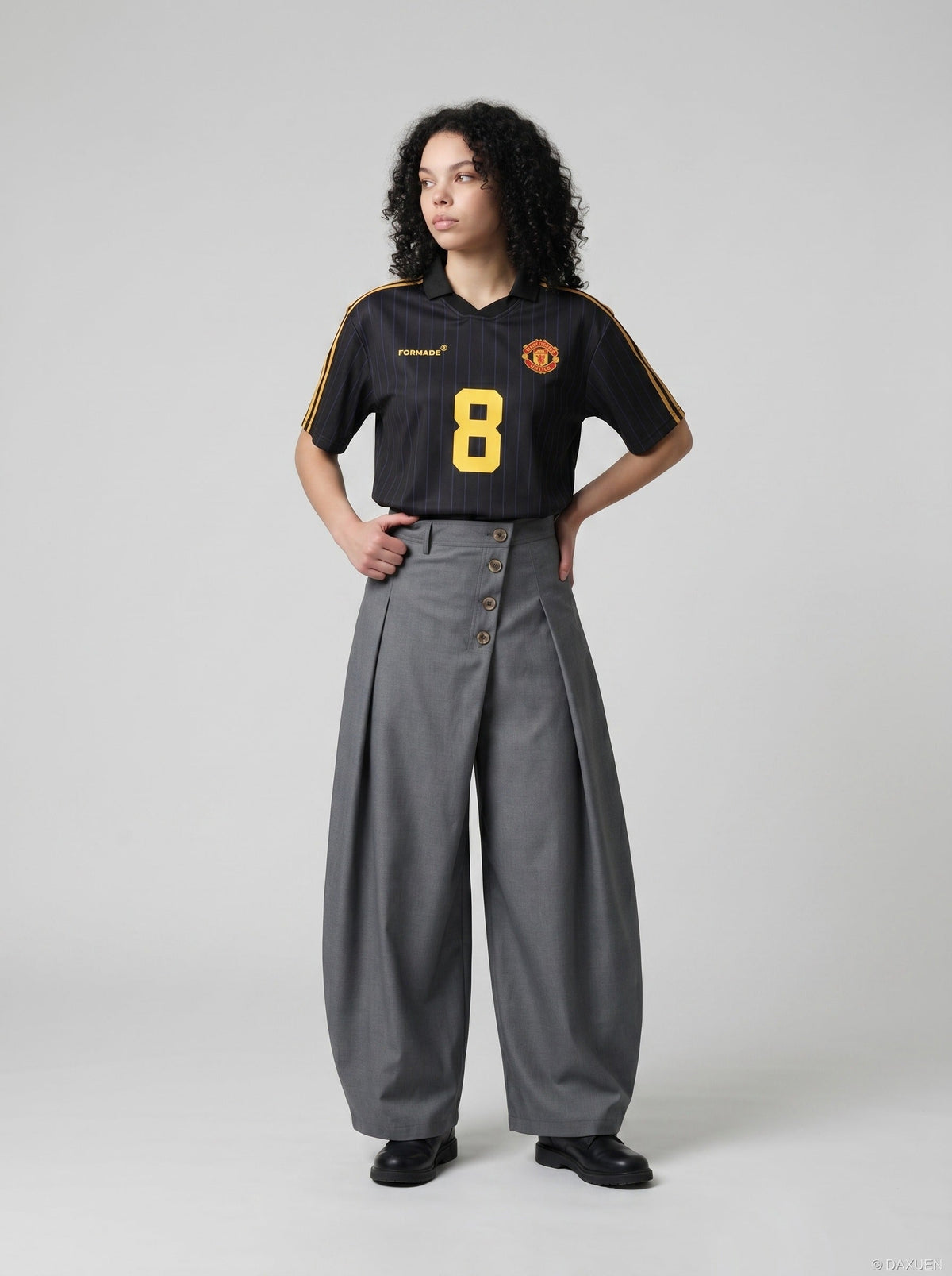 Asymmetrical Button-Detail Wide-Leg Trousers