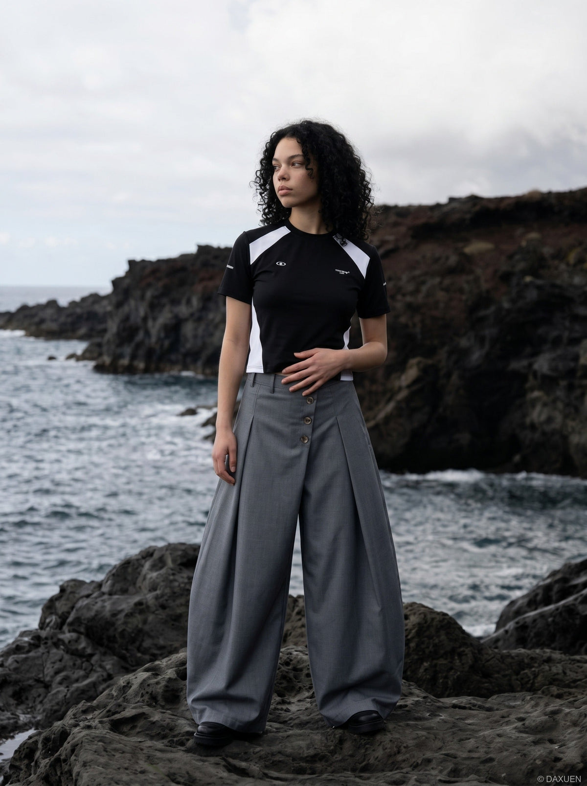 Asymmetrical Button-Detail Wide-Leg Trousers