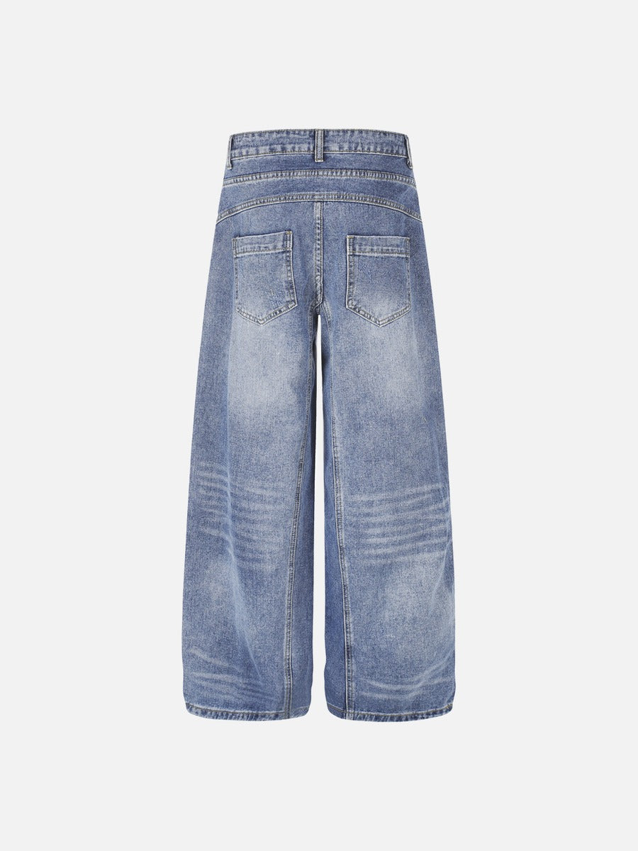 Asymmetrical Two-Tone Wide-Leg Denim Pants