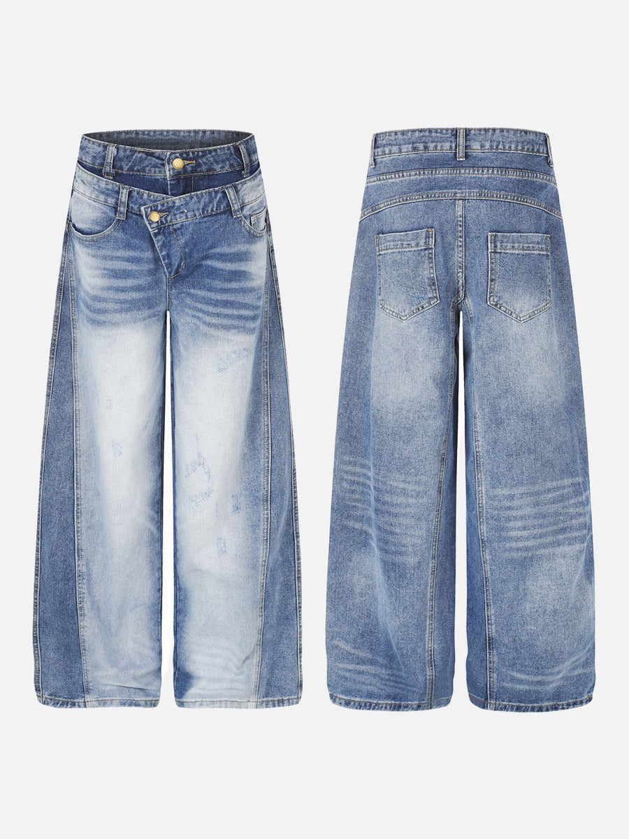 Asymmetrical Two-Tone Wide-Leg Denim Pants