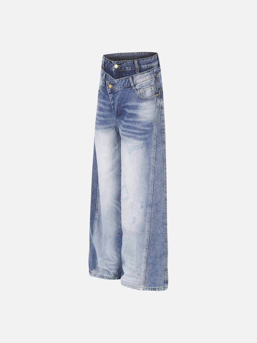 Asymmetrical Two-Tone Wide-Leg Denim Pants