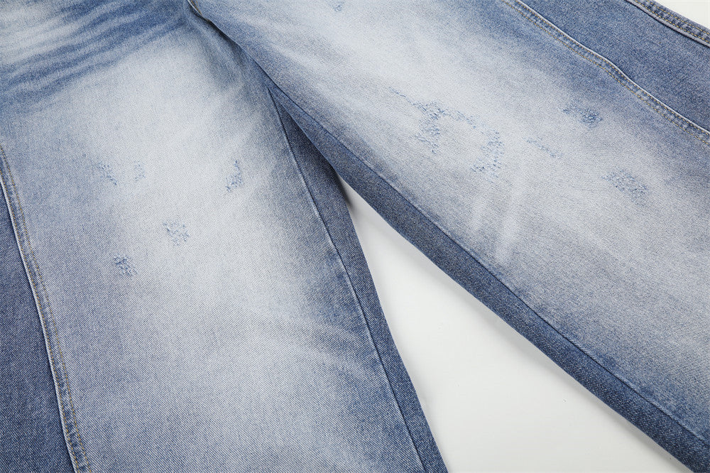 Asymmetrical Two-Tone Wide-Leg Denim Pants