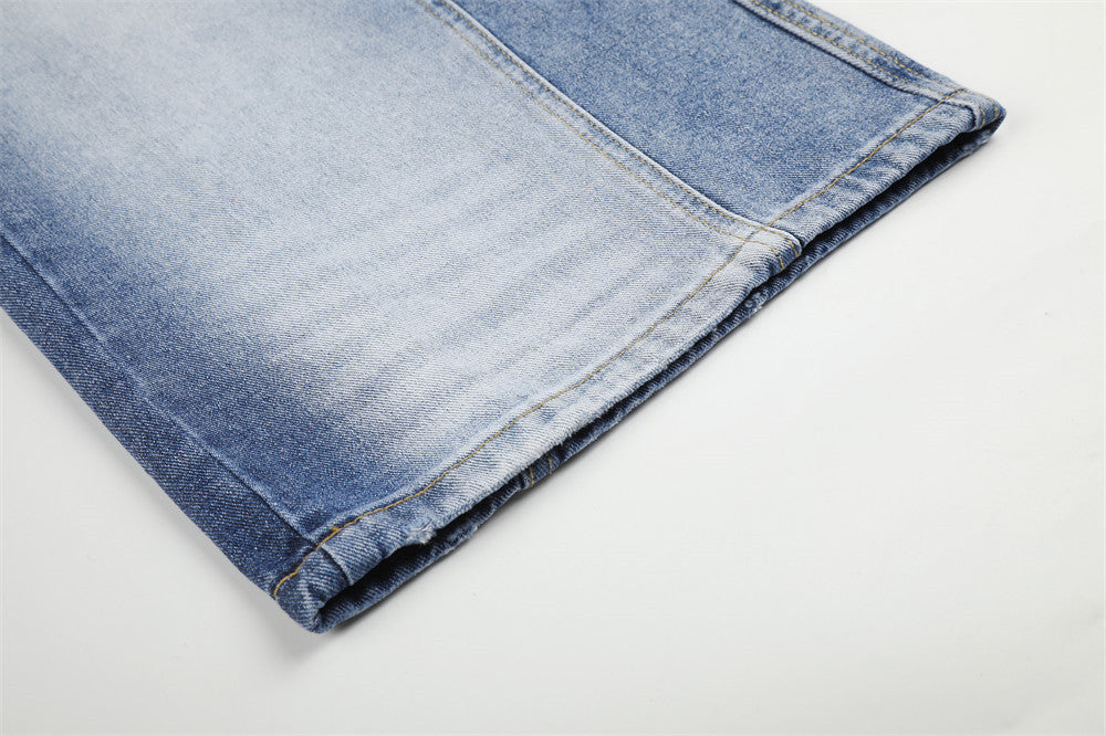Asymmetrical Two-Tone Wide-Leg Denim Pants