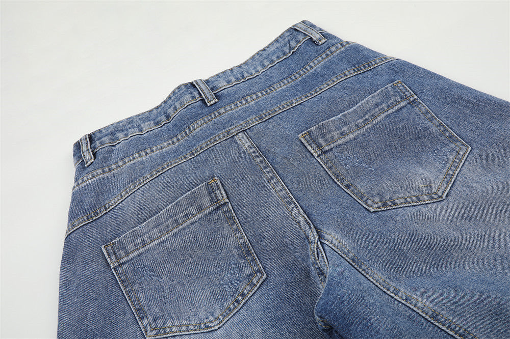 Asymmetrical Two-Tone Wide-Leg Denim Pants