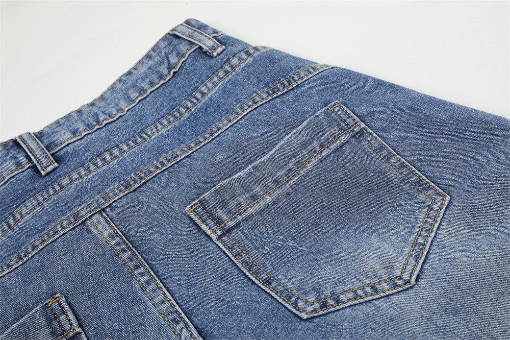 Asymmetrical Two-Tone Wide-Leg Denim Pants