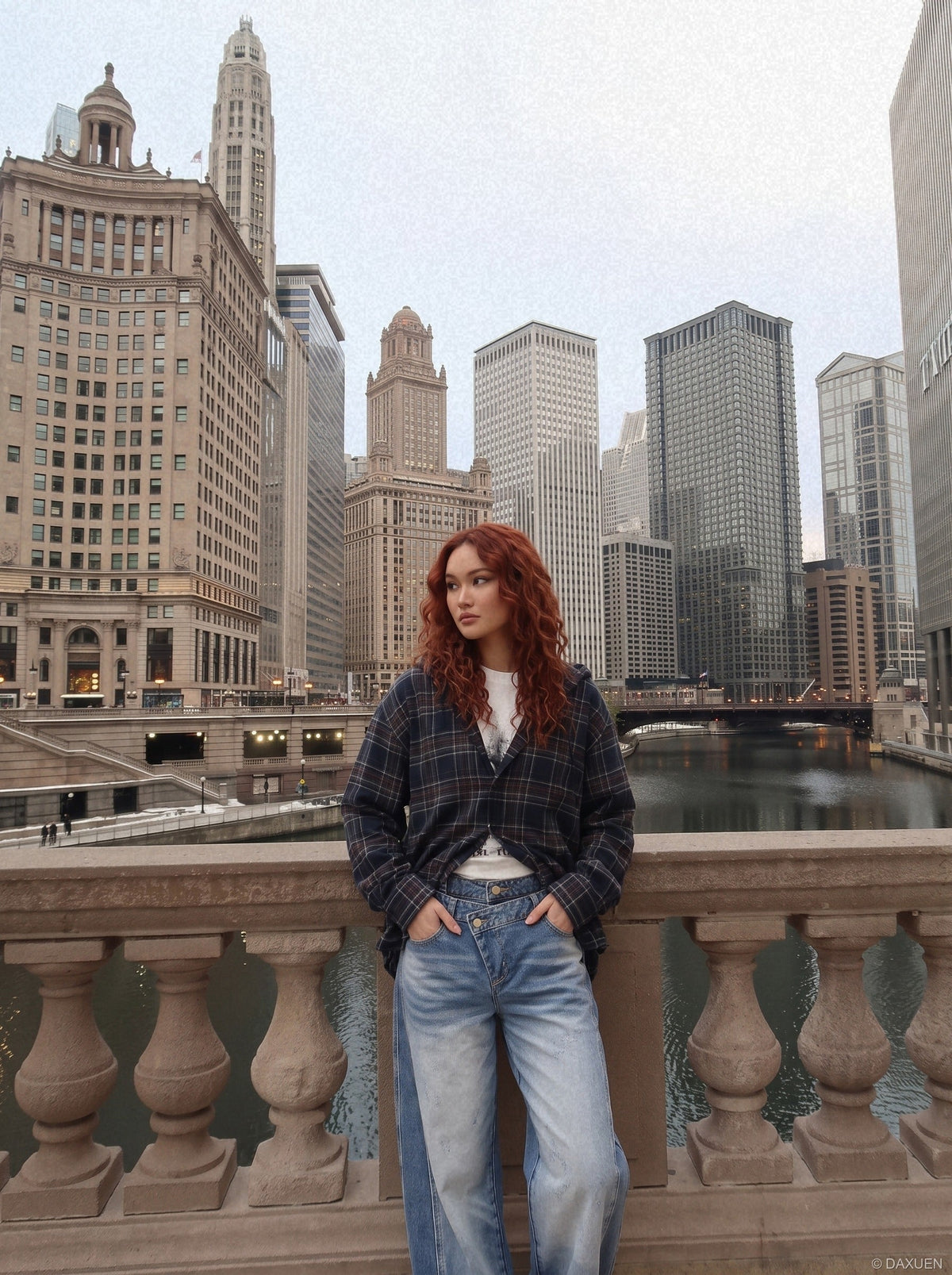 Asymmetrical Two-Tone Wide-Leg Denim Pants