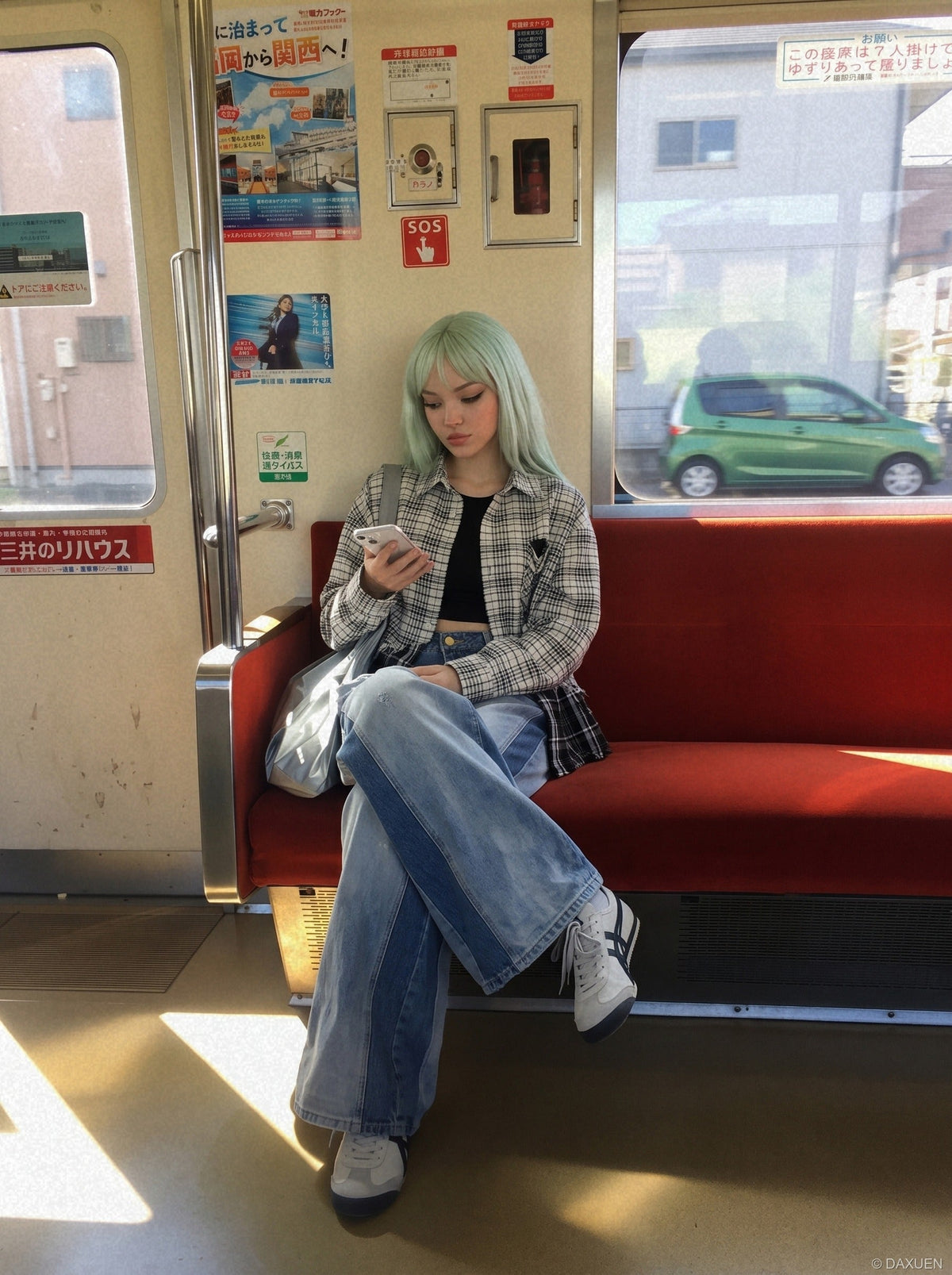 Asymmetrical Two-Tone Wide-Leg Denim Pants