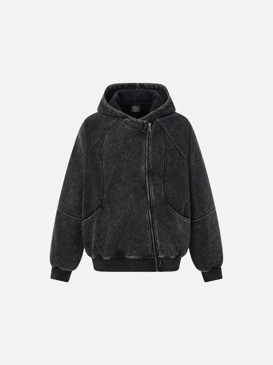 DAXUEN grey asymmetrical zipper distressed hooded sweatshirt