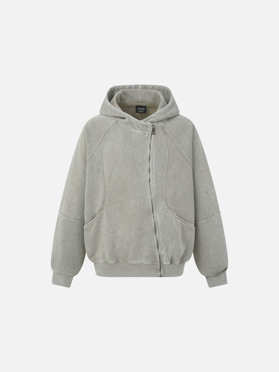 DAXUEN grey asymmetrical zipper distressed hooded sweatshirt