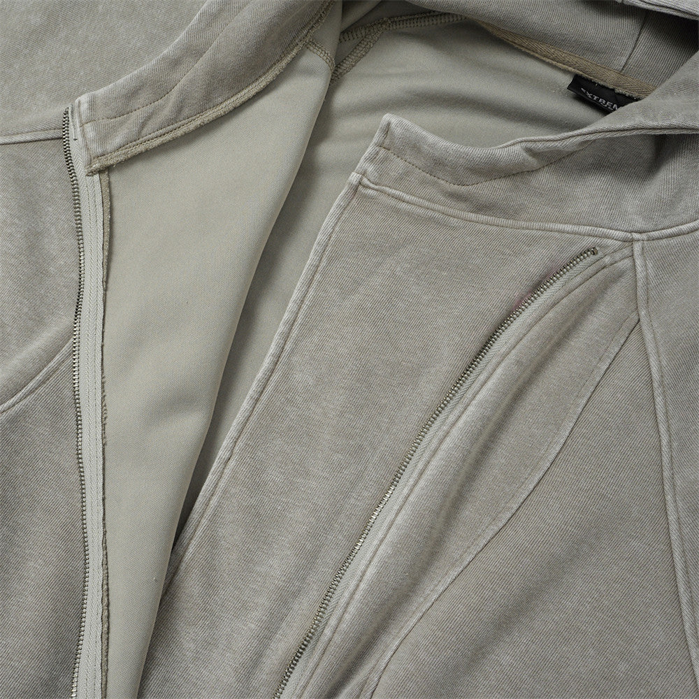 DAXUEN grey asymmetrical zipper distressed hooded sweatshirt