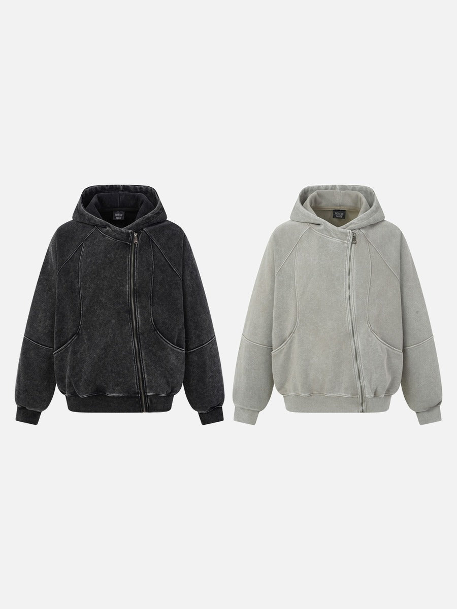 DAXUEN grey asymmetrical zipper distressed hooded sweatshirt