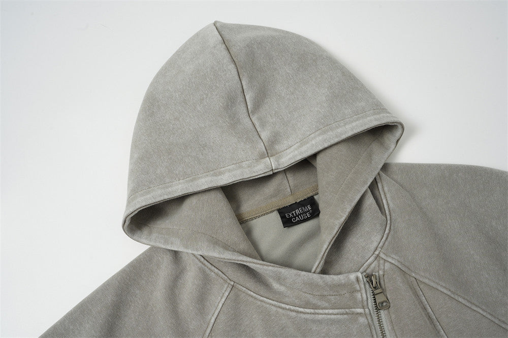 DAXUEN grey asymmetrical zipper distressed hooded sweatshirt