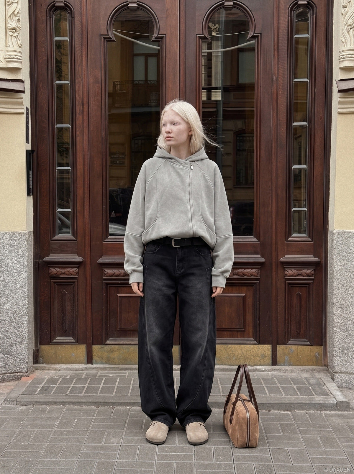 DAXUEN grey asymmetrical zipper distressed hooded sweatshirt — model photo