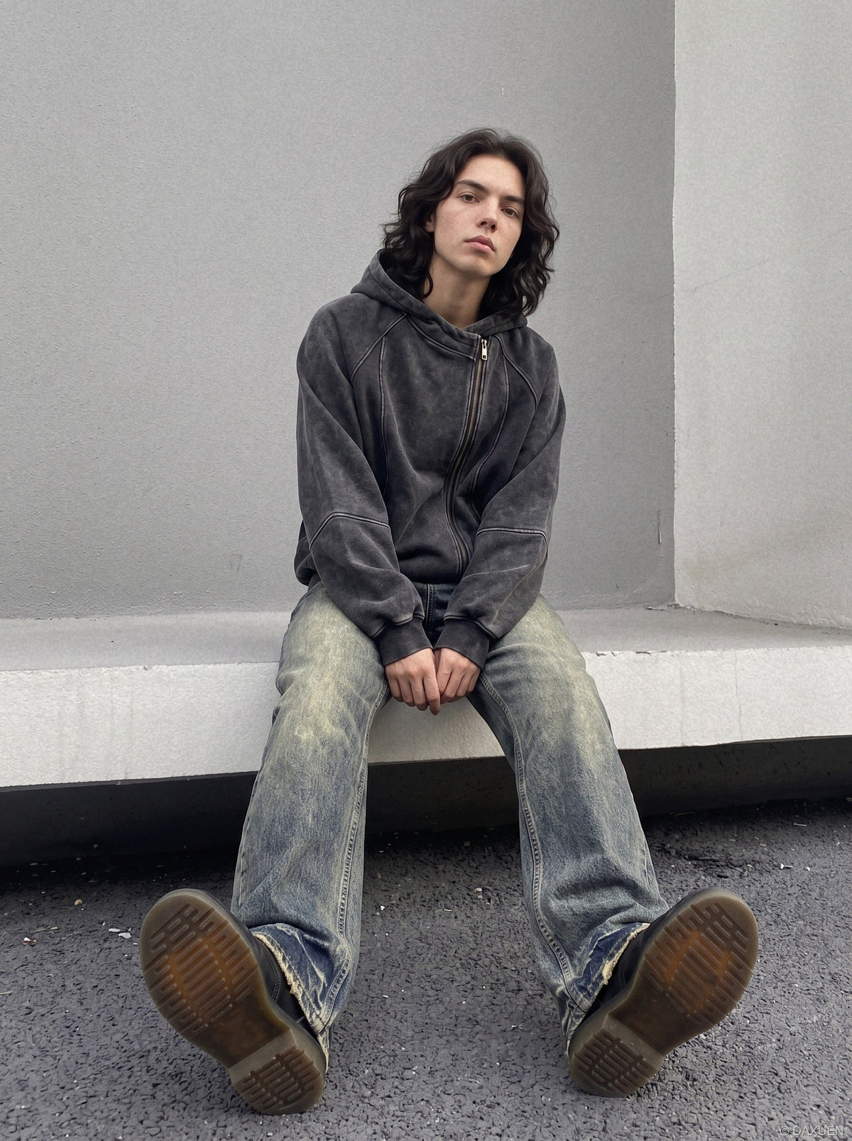 DAXUEN grey asymmetrical zipper distressed hooded sweatshirt — model photo