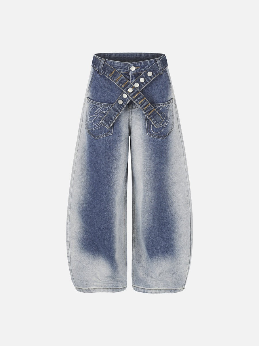 DAXUEN light blue and charcoal grey balloon-silhouette high-waisted denim jeans