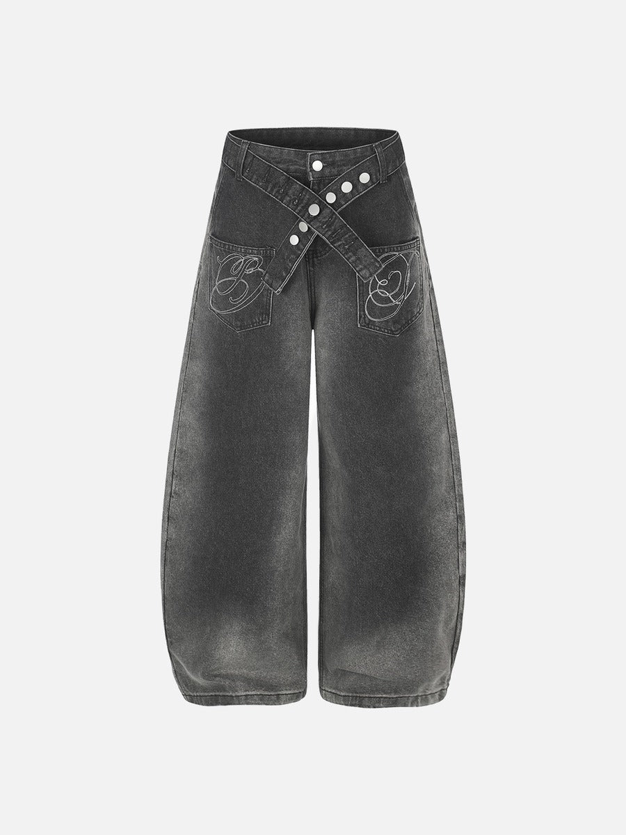 DAXUEN light blue and charcoal grey balloon-silhouette high-waisted denim jeans