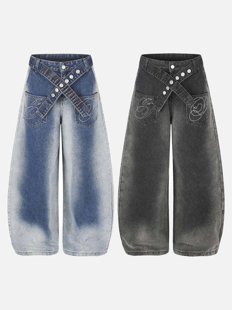 DAXUEN light blue and charcoal grey balloon-silhouette high-waisted denim jeans