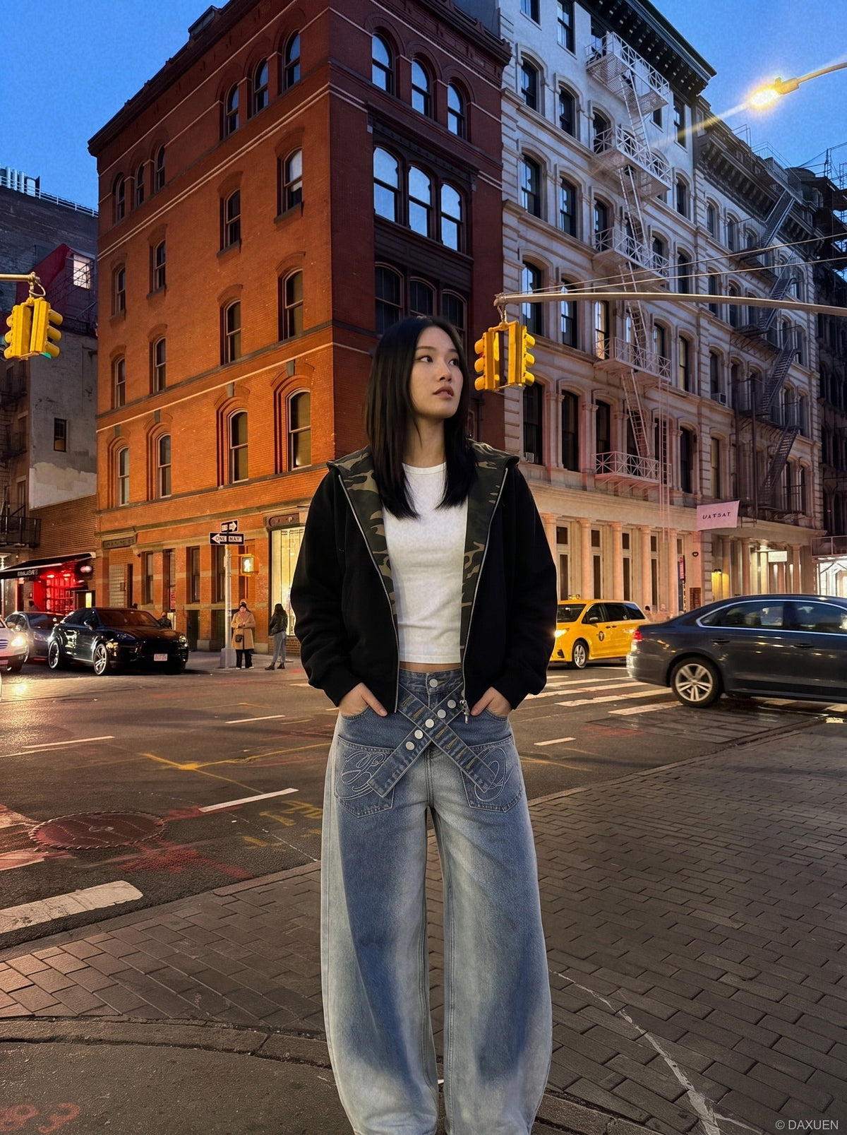 DAXUEN light blue and charcoal grey balloon-silhouette high-waisted denim jeans — model photo