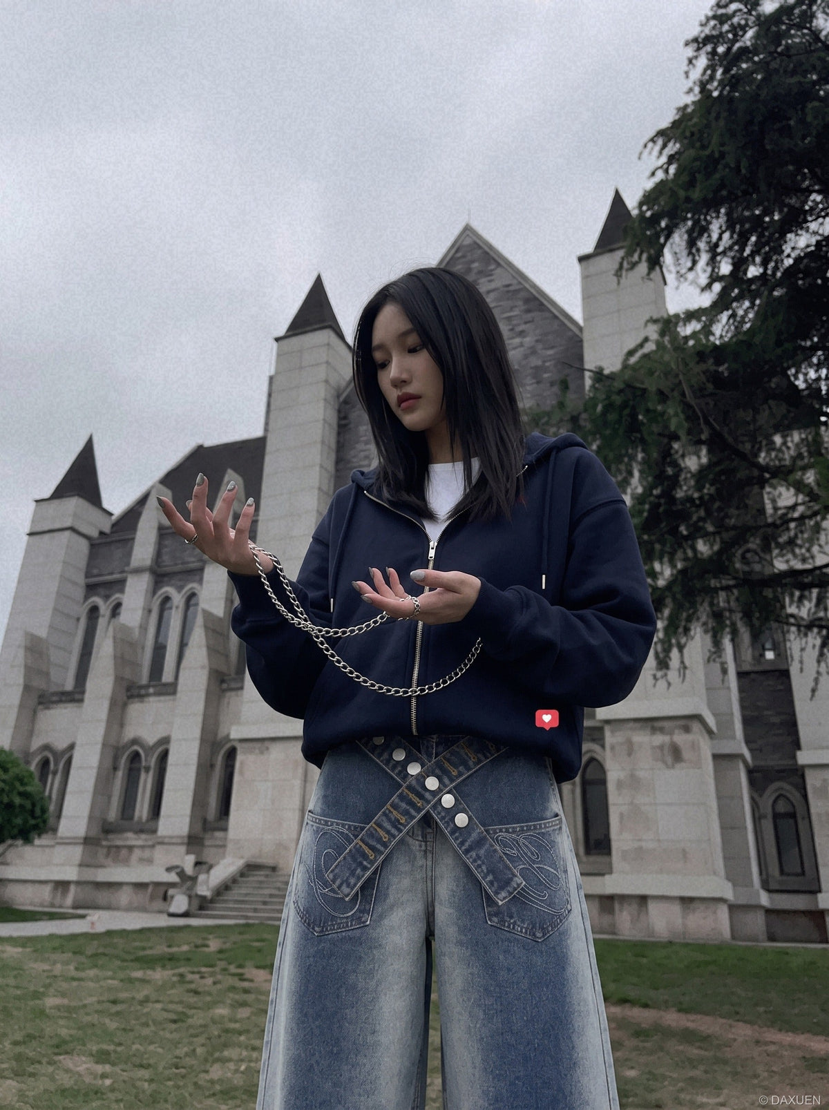 DAXUEN light blue and charcoal grey balloon-silhouette high-waisted denim jeans — model photo