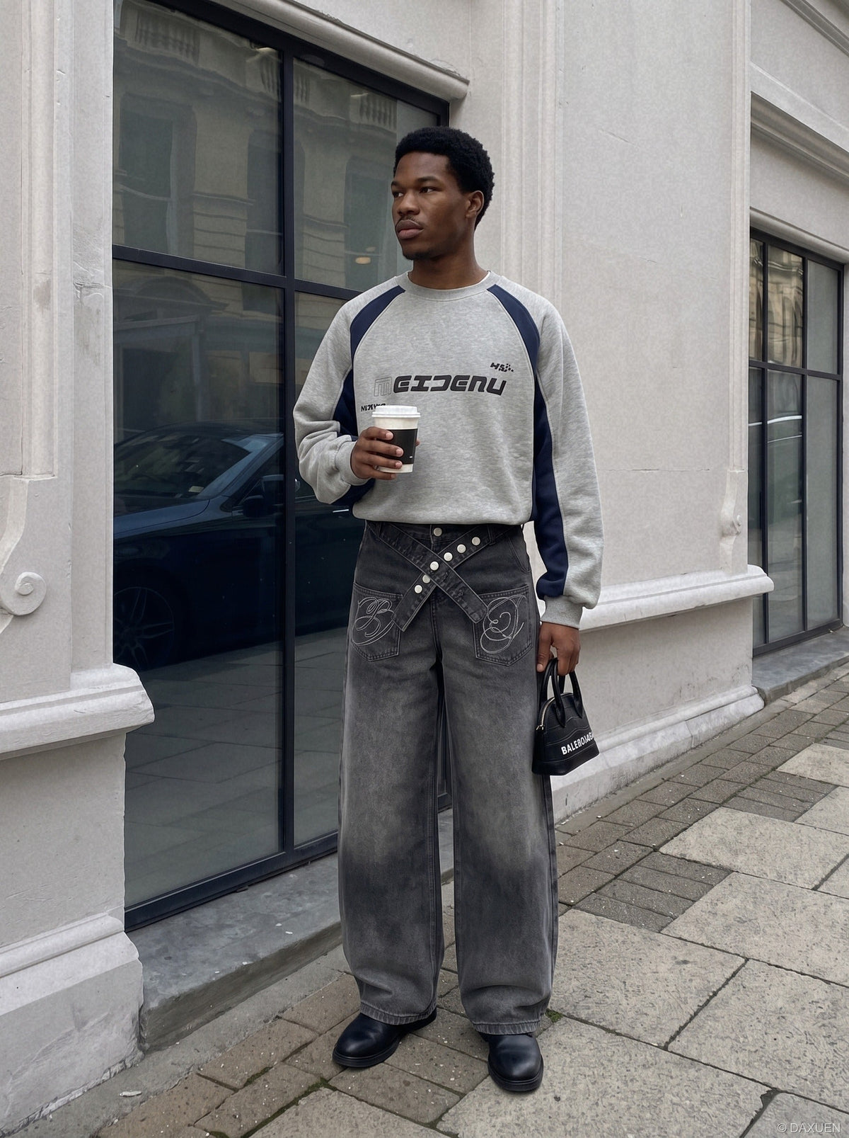 DAXUEN light blue and charcoal grey balloon-silhouette high-waisted denim jeans — model photo