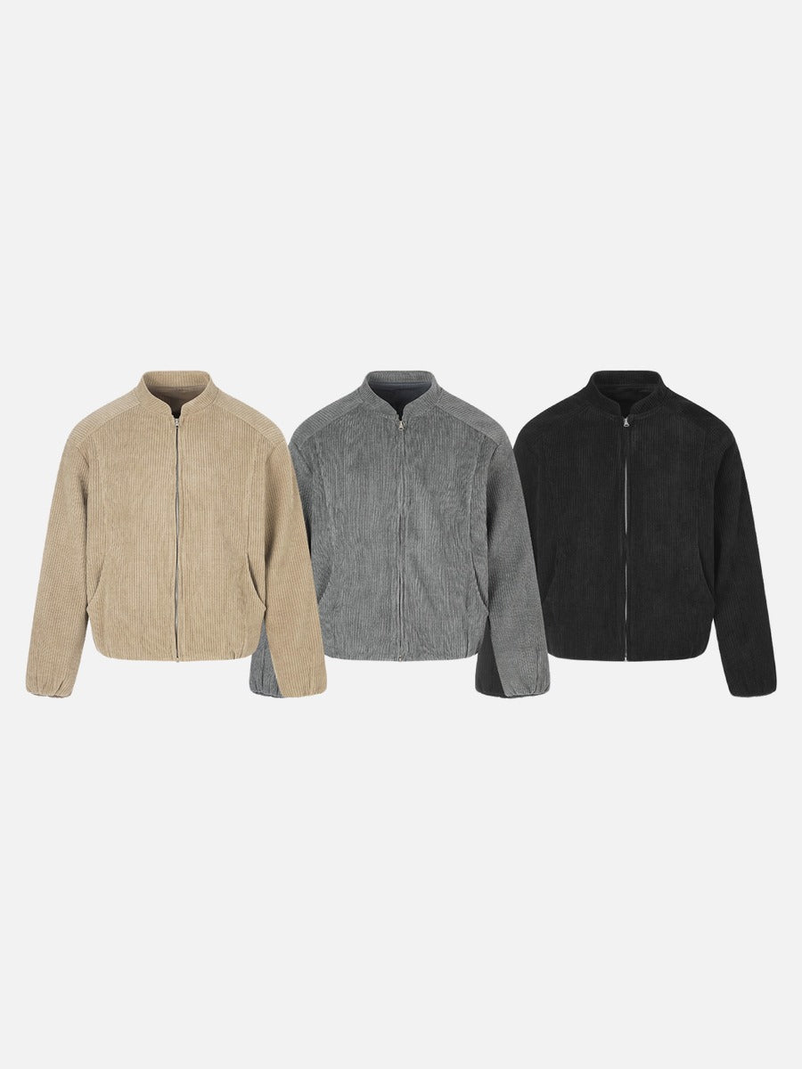 Beige Corduroy Tracksuit with Stand-Up Collar Jacket