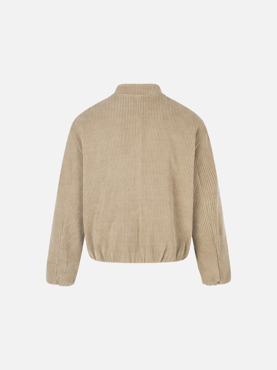 Beige Corduroy Tracksuit with Stand-Up Collar Jacket
