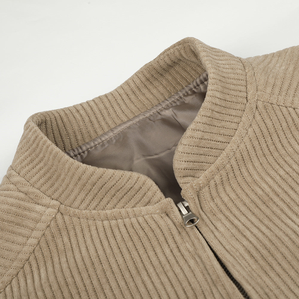 Beige Corduroy Tracksuit with Stand-Up Collar Jacket