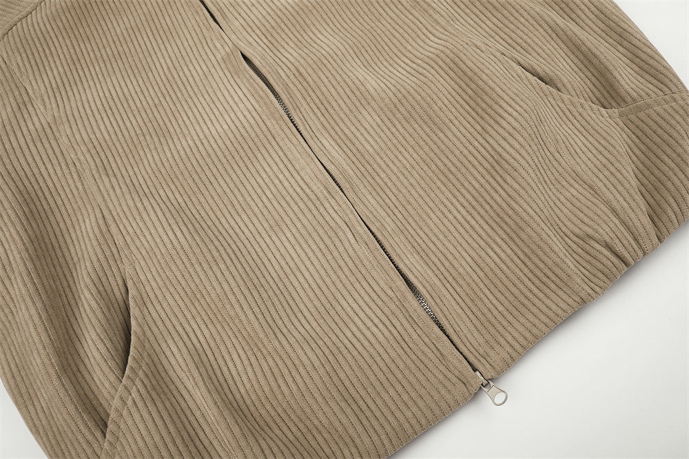 Beige Corduroy Tracksuit with Stand-Up Collar Jacket