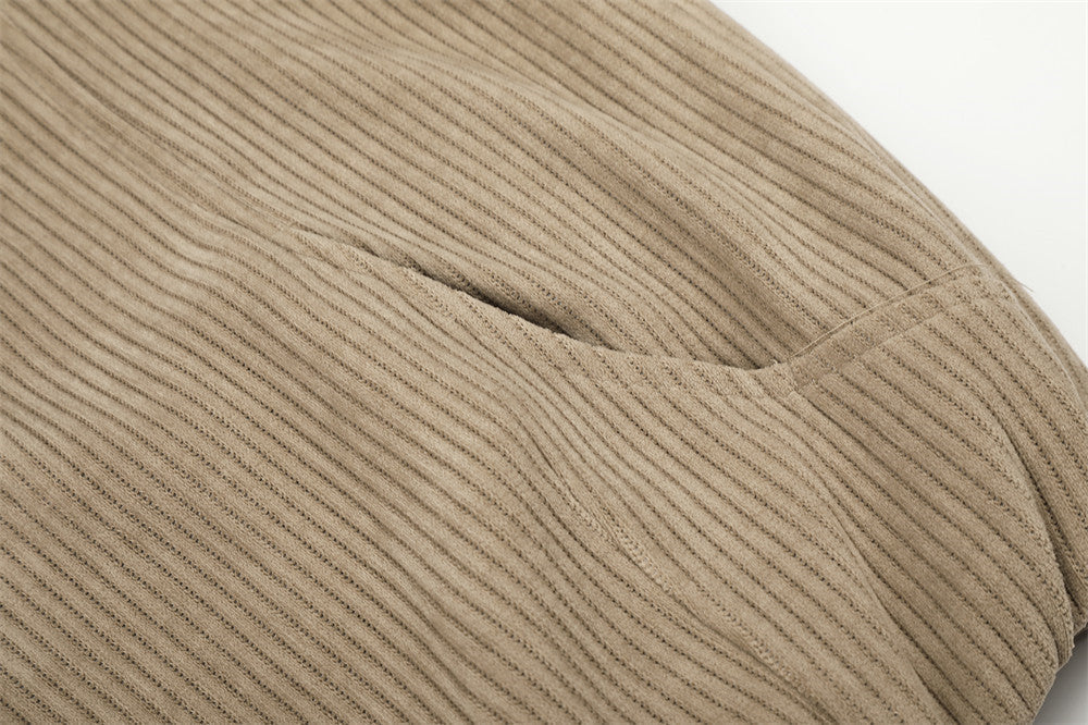 Beige Corduroy Tracksuit with Stand-Up Collar Jacket
