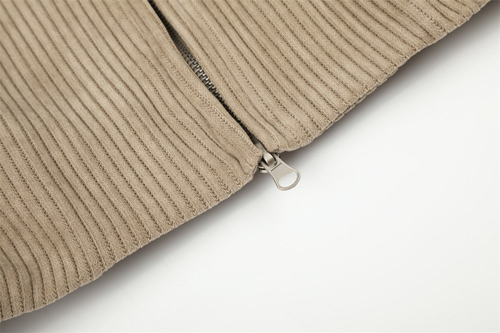 Beige Corduroy Tracksuit with Stand-Up Collar Jacket