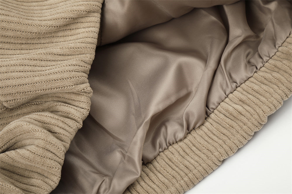 Beige Corduroy Tracksuit with Stand-Up Collar Jacket