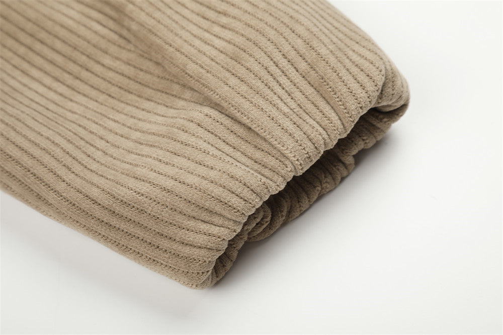 Beige Corduroy Tracksuit with Stand-Up Collar Jacket