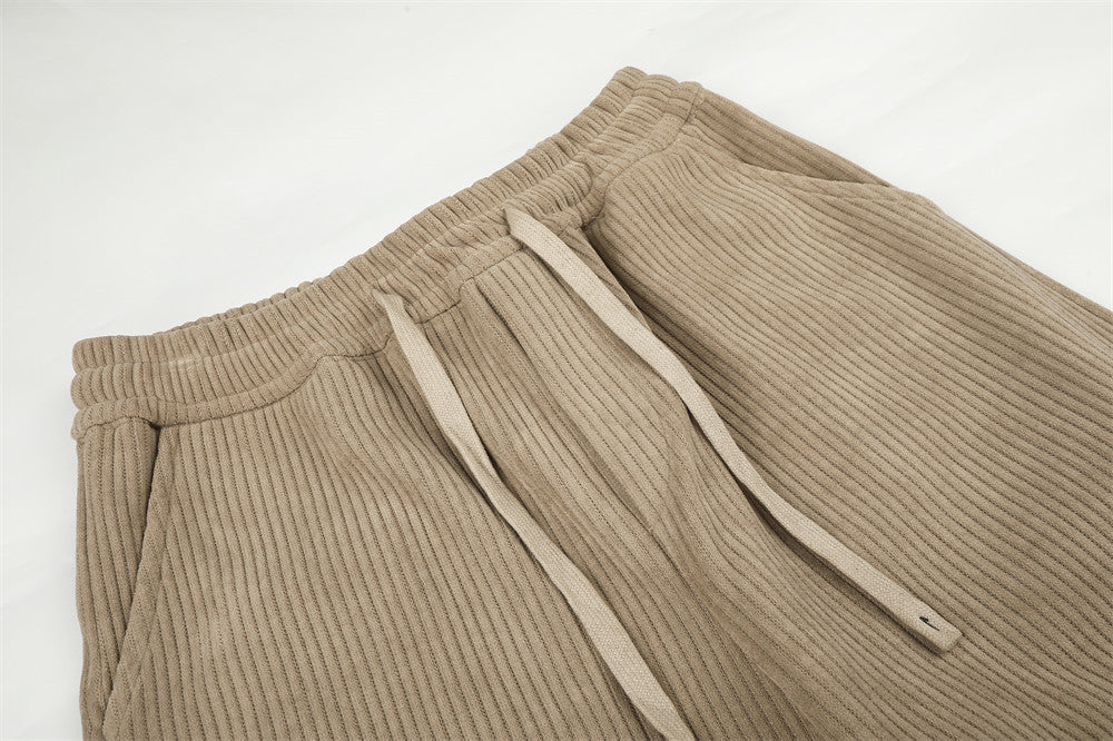 Beige Corduroy Tracksuit with Stand-Up Collar Jacket
