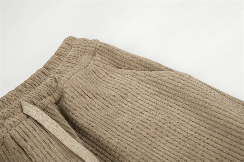 Beige Corduroy Tracksuit with Stand-Up Collar Jacket