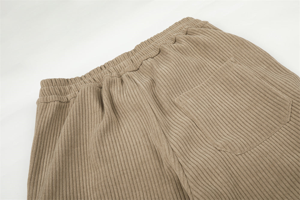 Beige Corduroy Tracksuit with Stand-Up Collar Jacket
