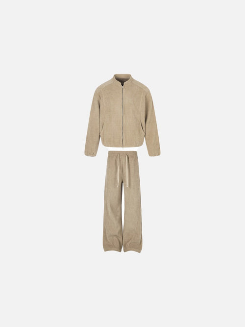 Beige Corduroy Tracksuit with Stand-Up Collar Jacket - (Suit)Coffee / M