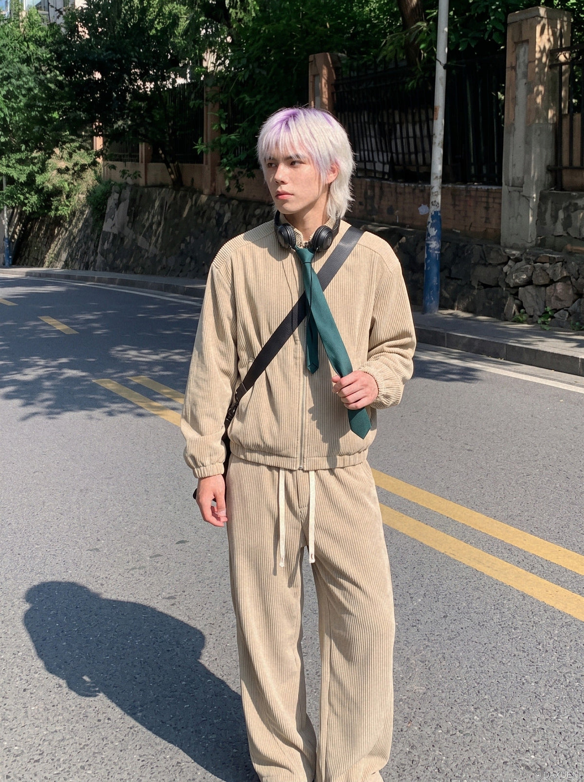 Beige Corduroy Tracksuit with Stand-Up Collar Jacket