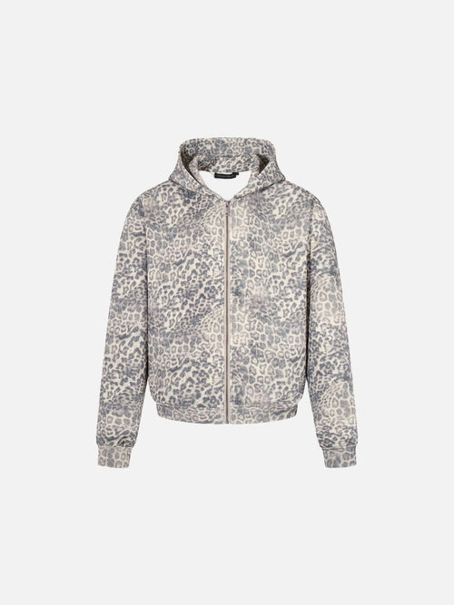 Beige Leopard Print Oversized Zip Hoodie - Khaki / M