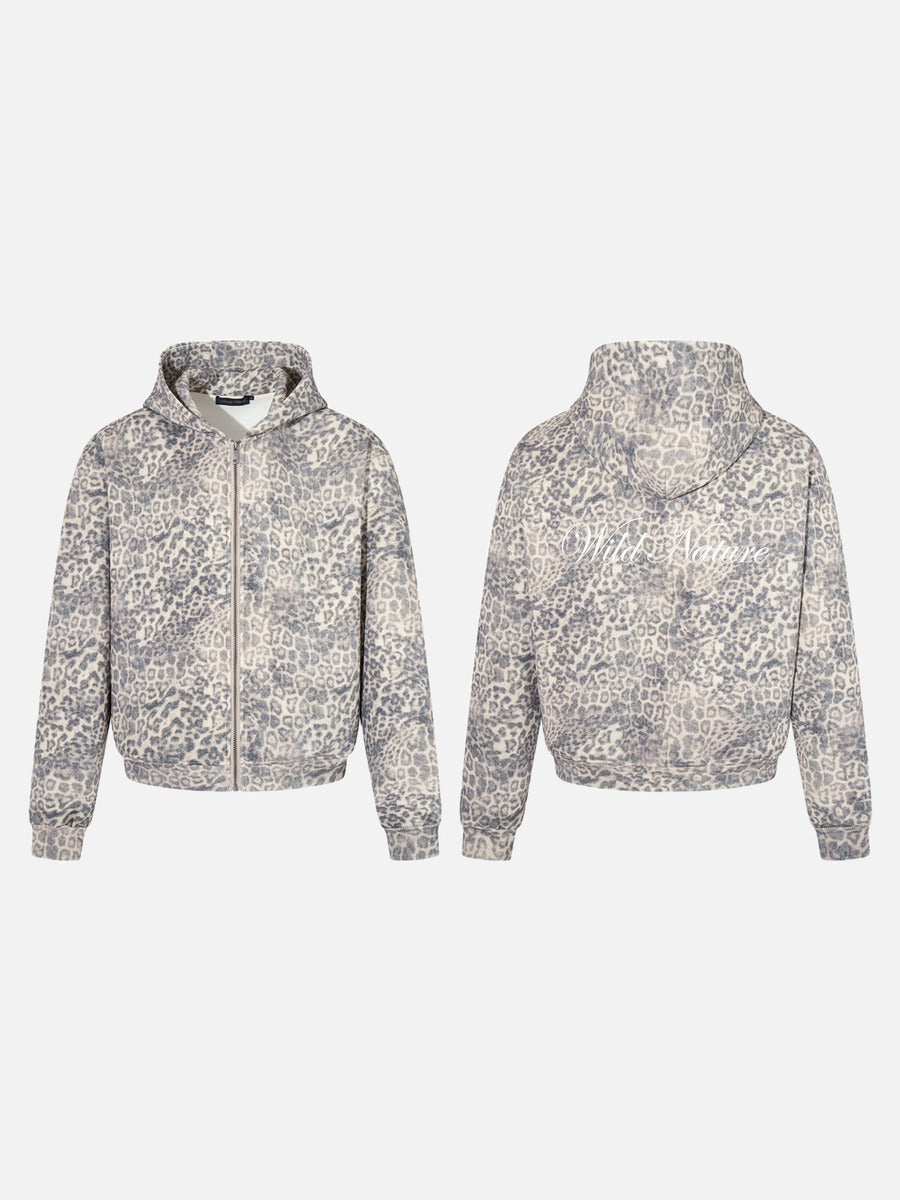 Beige Leopard Print Oversized Zip Hoodie