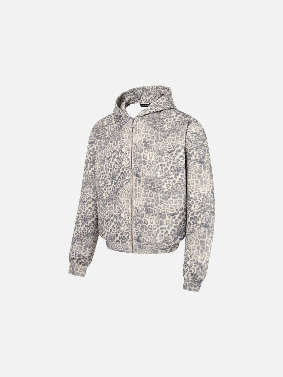 Beige Leopard Print Oversized Zip Hoodie