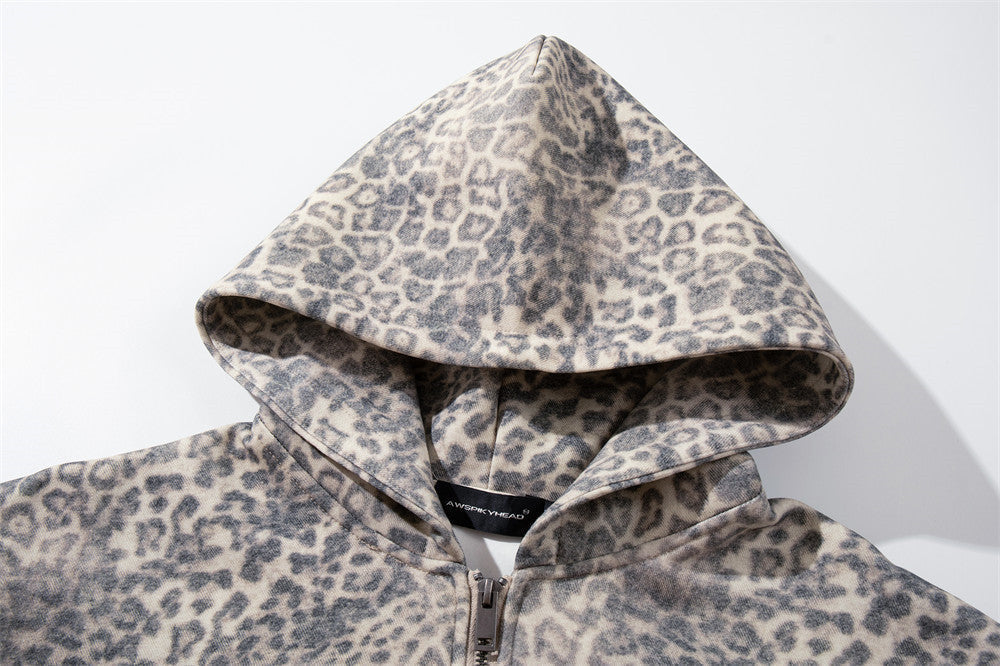 Beige Leopard Print Oversized Zip Hoodie