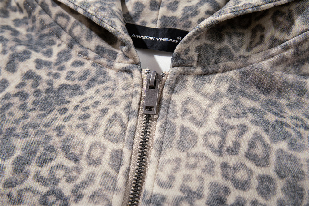 Beige Leopard Print Oversized Zip Hoodie