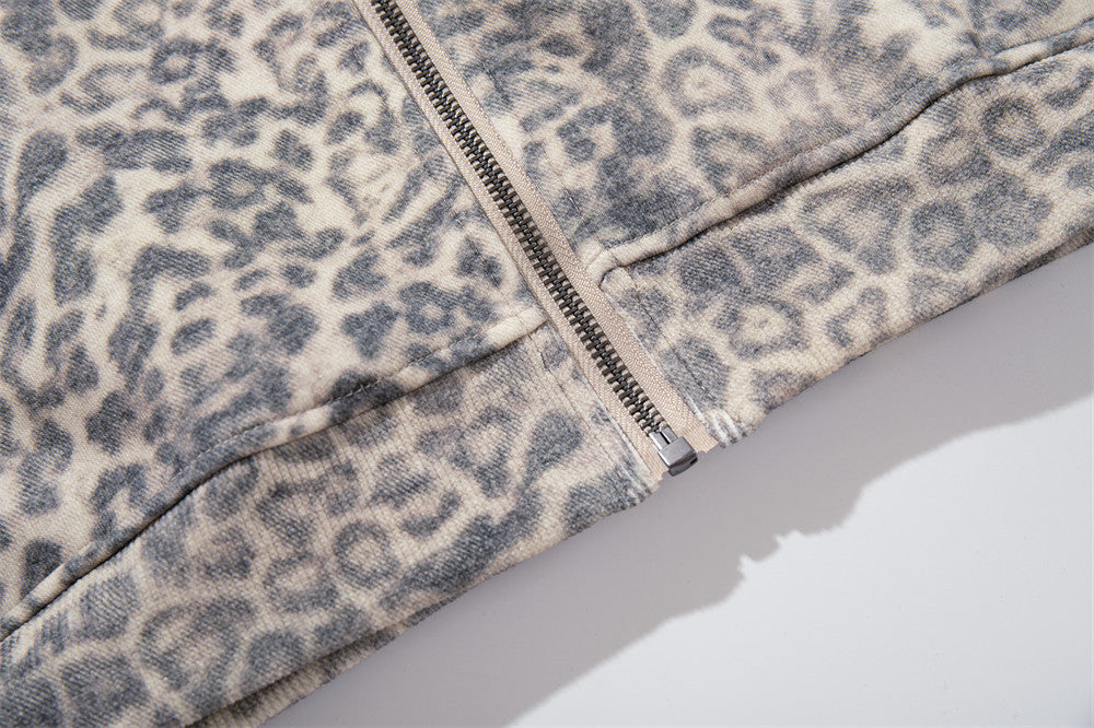 Beige Leopard Print Oversized Zip Hoodie